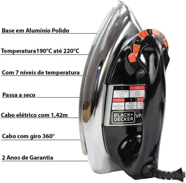 Black Decker Ferro de Passar Roupa a Seco, Metálico Preto, Modelo VFA1110TM2, 127V - Imagem 5