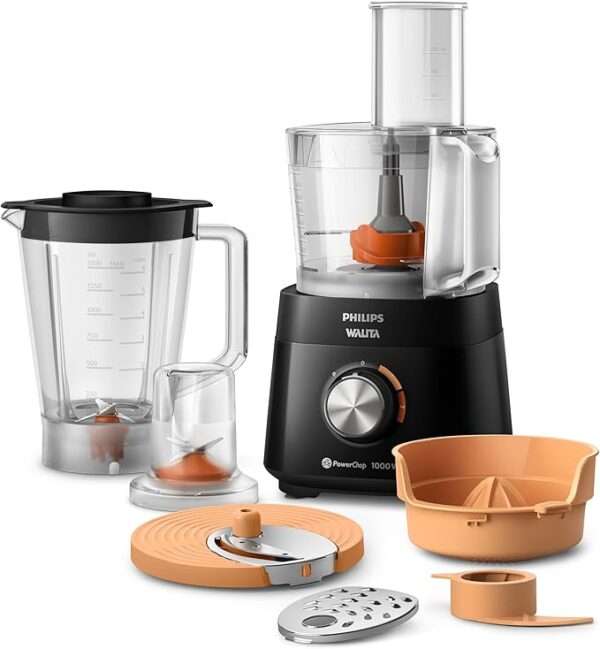 Philips Walita Multiprocessador PowerChop 1000, Preto, Copo com capacidade de 1,5 litros, Duas velocidades + pulsar, 6 acessórios, 1000W,